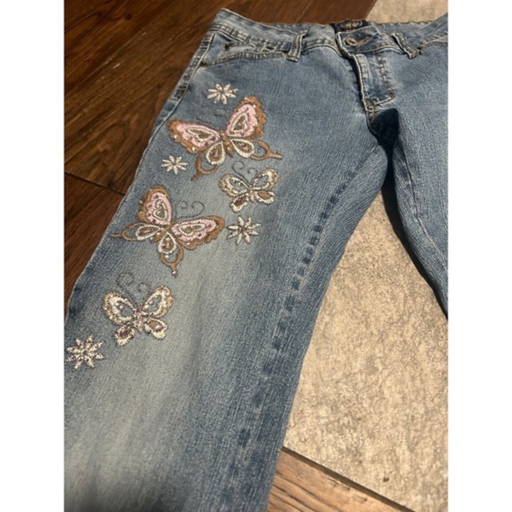 Angels Butterfly Embroidered Flare Leg Jeans Medium Wash Blue Y2K Size 9 - Picture 3 of 9
